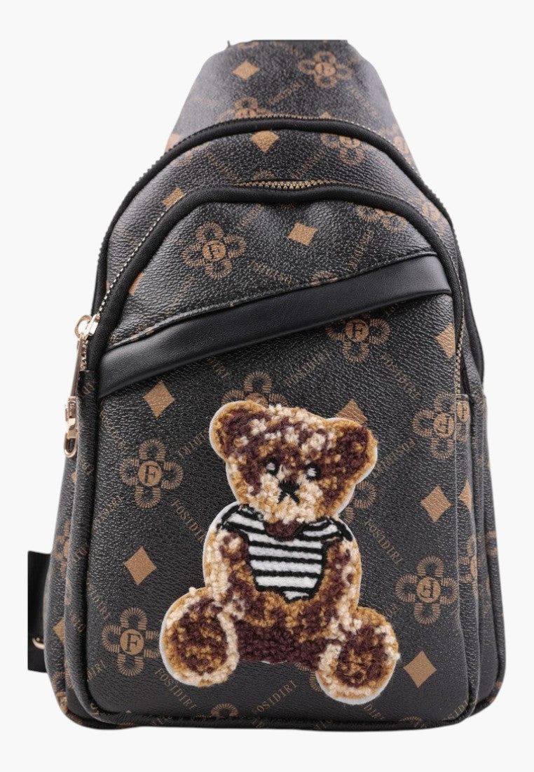 Falio women's multi-colored faux leather city backpack with a cute teddy bear patch and monogram pattern