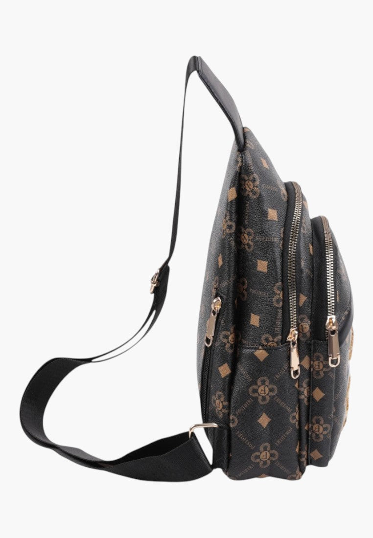 Falio women's small multi-colored faux leather city backpack with monogram pattern and multiple zippered pockets