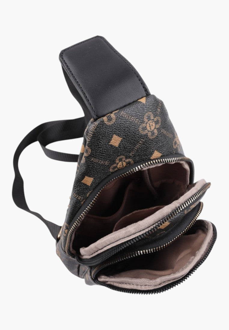 Falio women's multi-colored faux leather sling backpack with patterned print, multiple zippers, and black straps.