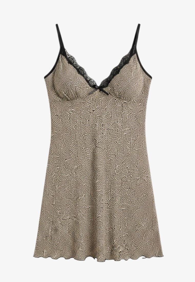 Falio multicoloured viscose nightdress with V-neck, black lace trim, and thin spaghetti straps.