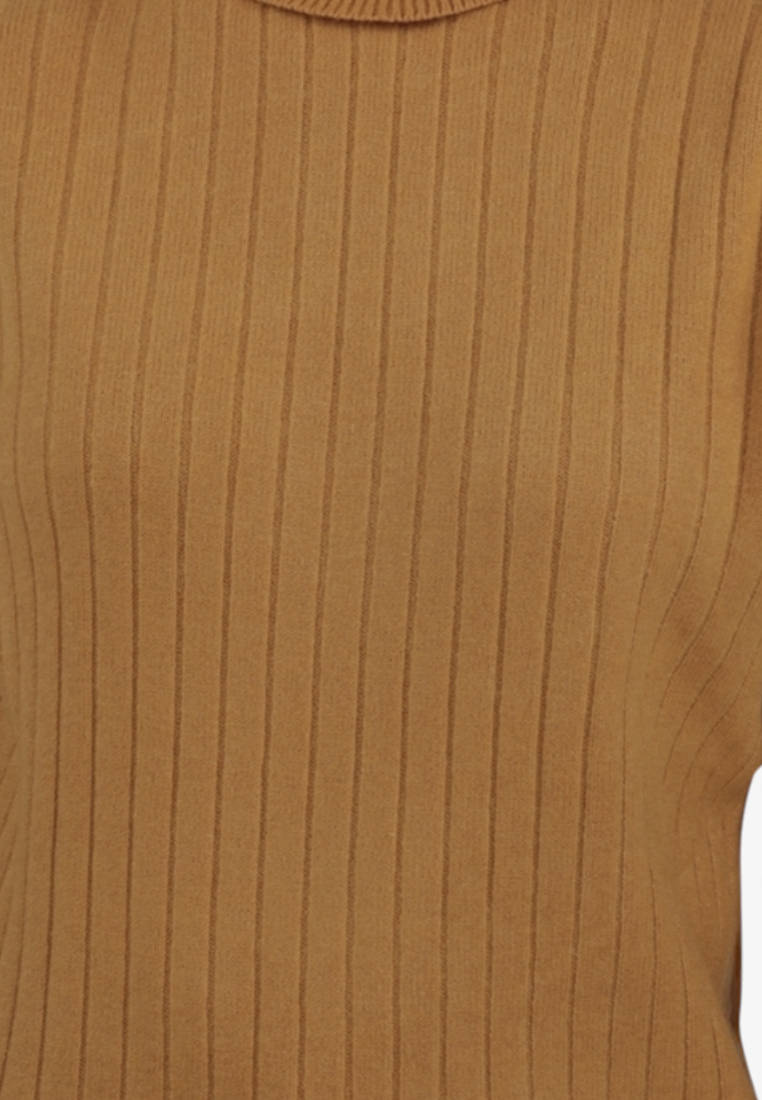 Falio women's mustard yellow ribbed knit sweater with a mock neck and long sleeves in a soft wool and cashmere blend