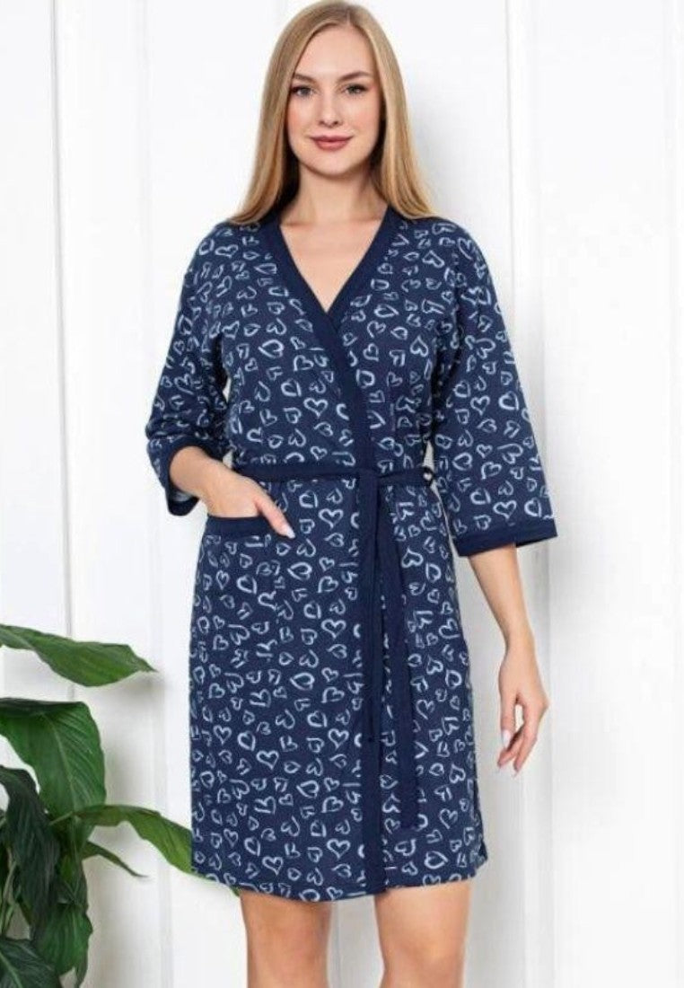 Falio women's navy blue cotton robe with white heart print, short sleeves, pockets, and tie waist.