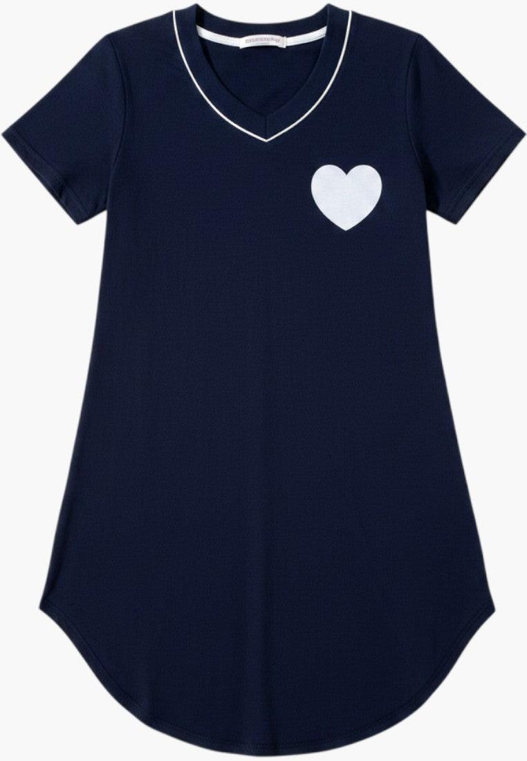 Falio navy blue 100% cotton short sleeve nightgown with white trim and heart detail, above the knee length.