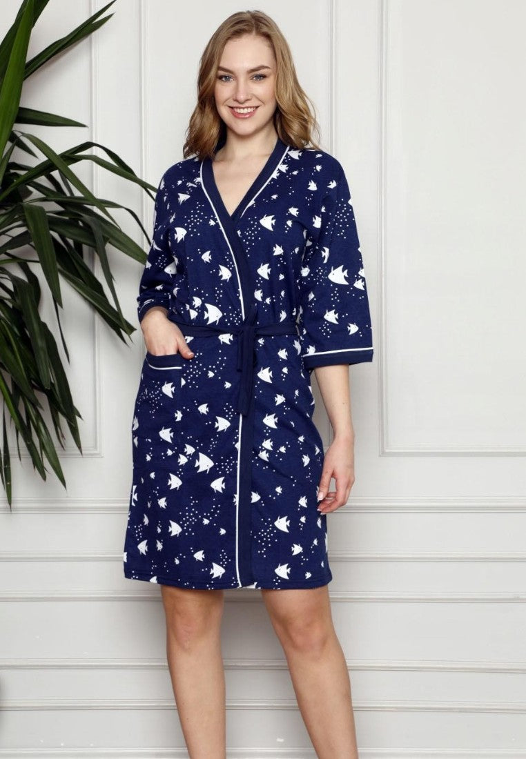 Falio women's navy blue cotton robe with white fish print, short sleeves, pockets, and tie waist closure.