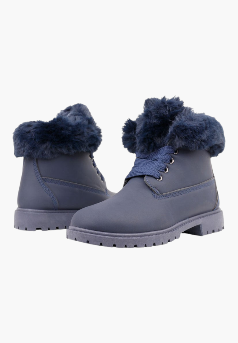 Falio navy blue synthetic nubuck ankle boots with faux fur trim, lace-up closure, and flat lug soles.