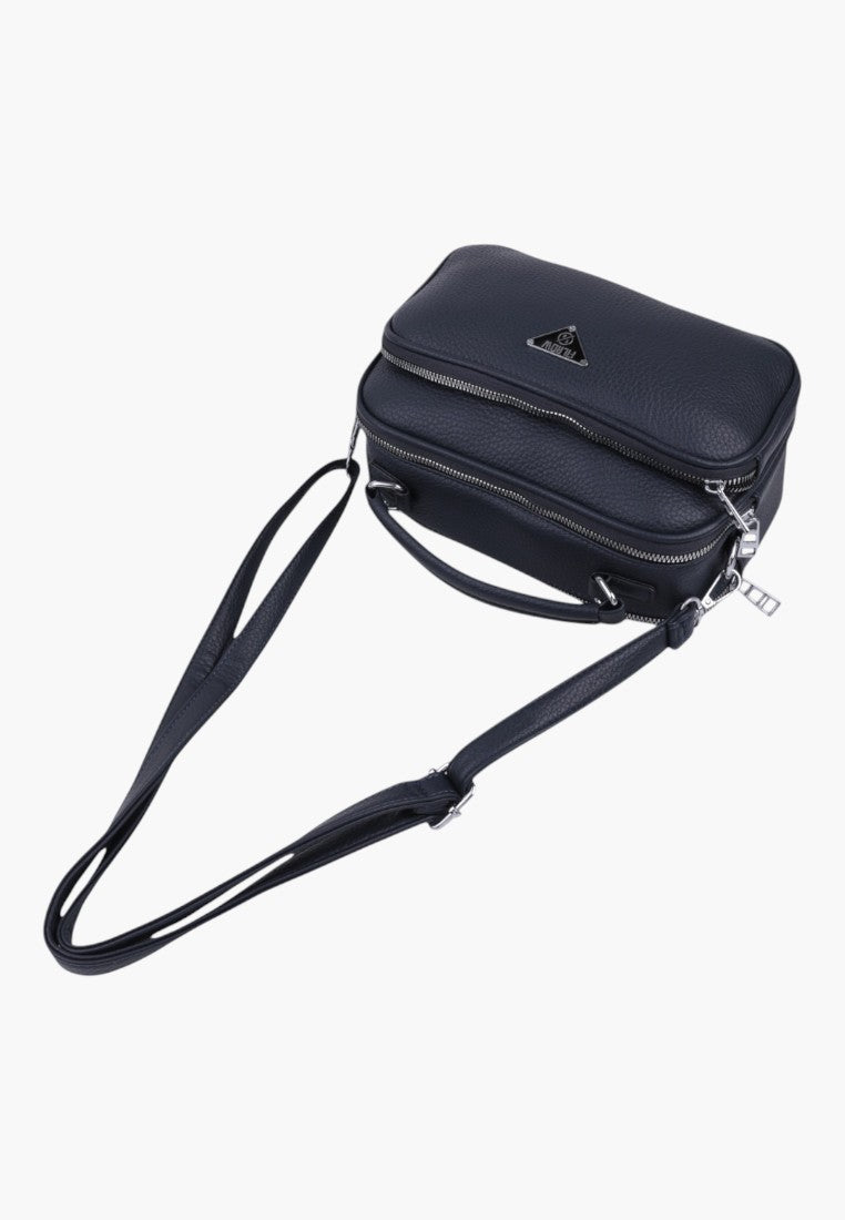 Falio navy blue faux leather crossbody bag with silver zippers and a structured rectangular design
