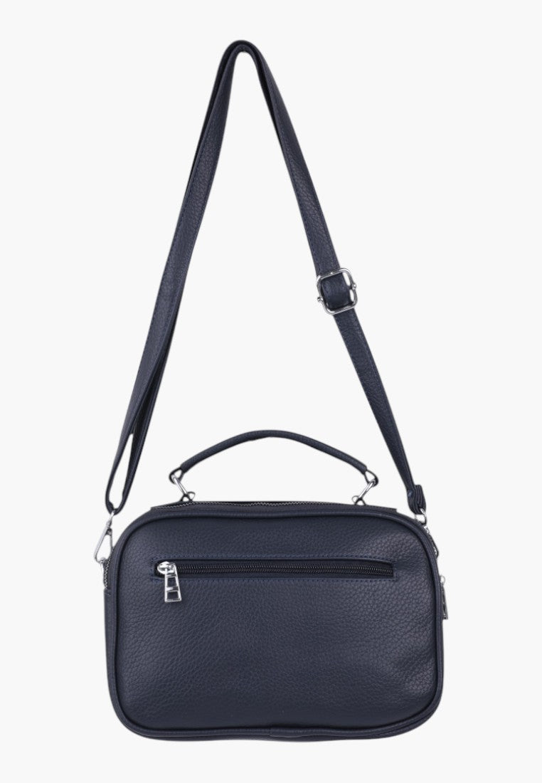 Falio navy blue faux leather crossbody bag with top handle, zipper closure, and multiple compartments