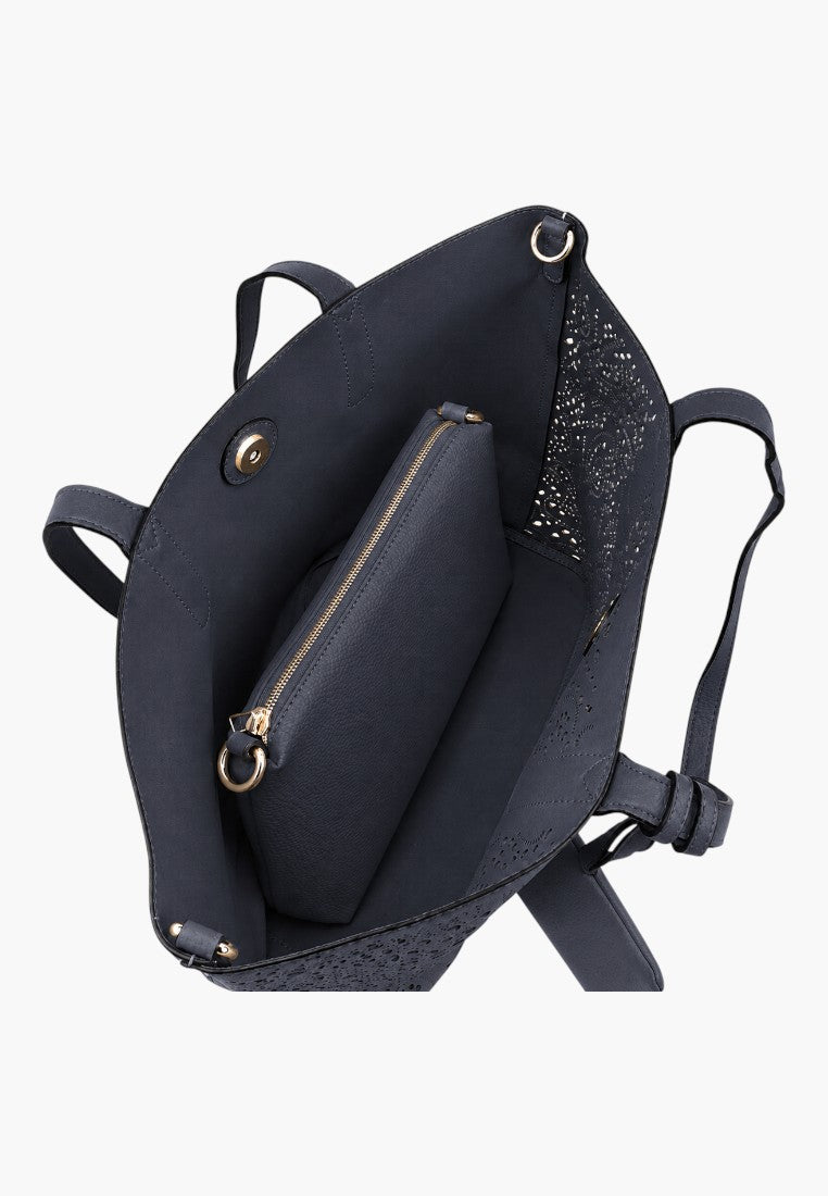 Falio large navy blue faux leather shopper bag with internal zippered pouch and laser-cut side detail