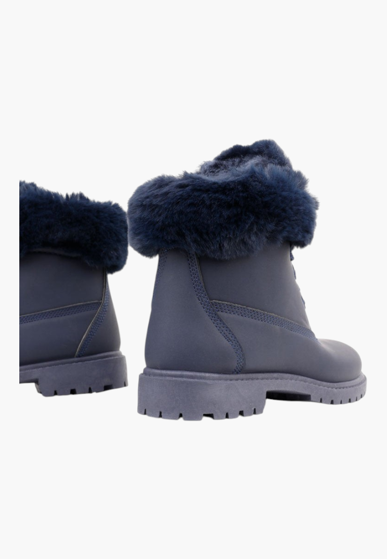 Falio navy blue synthetic nubuck ankle boots with faux fur lining and flat heels, rear view