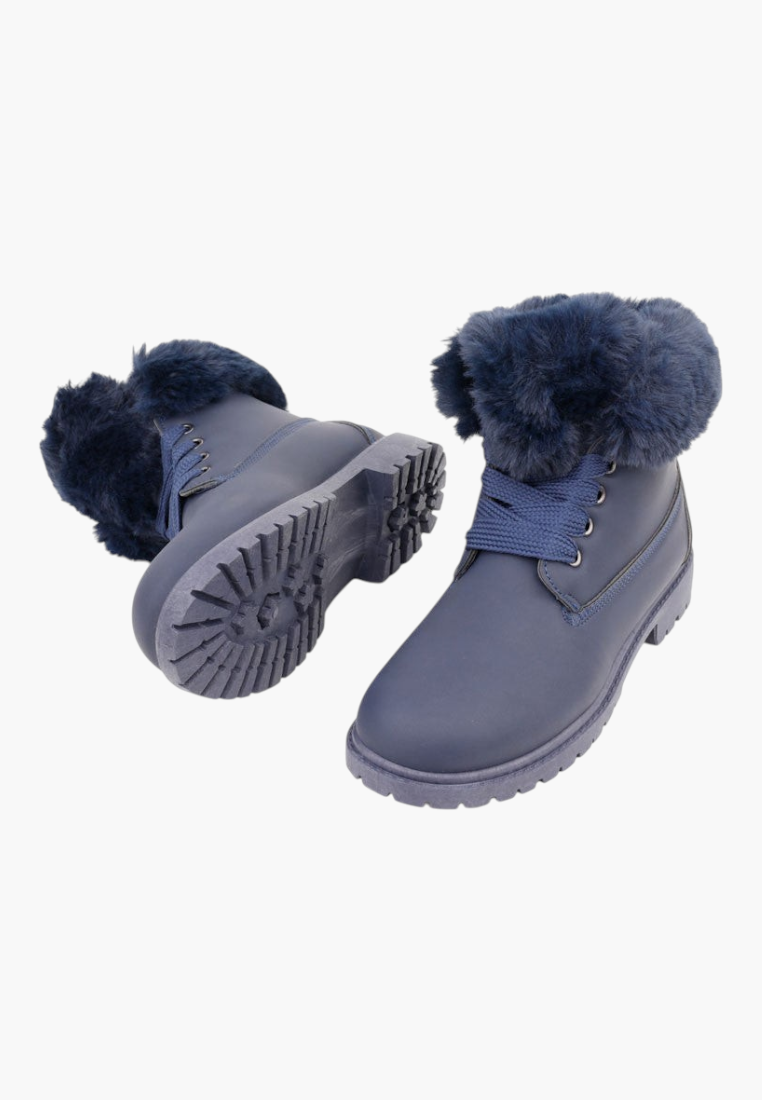 Falio navy blue synthetic nubuck lace-up ankle boots with faux fur lining and cuff on a flat lug sole