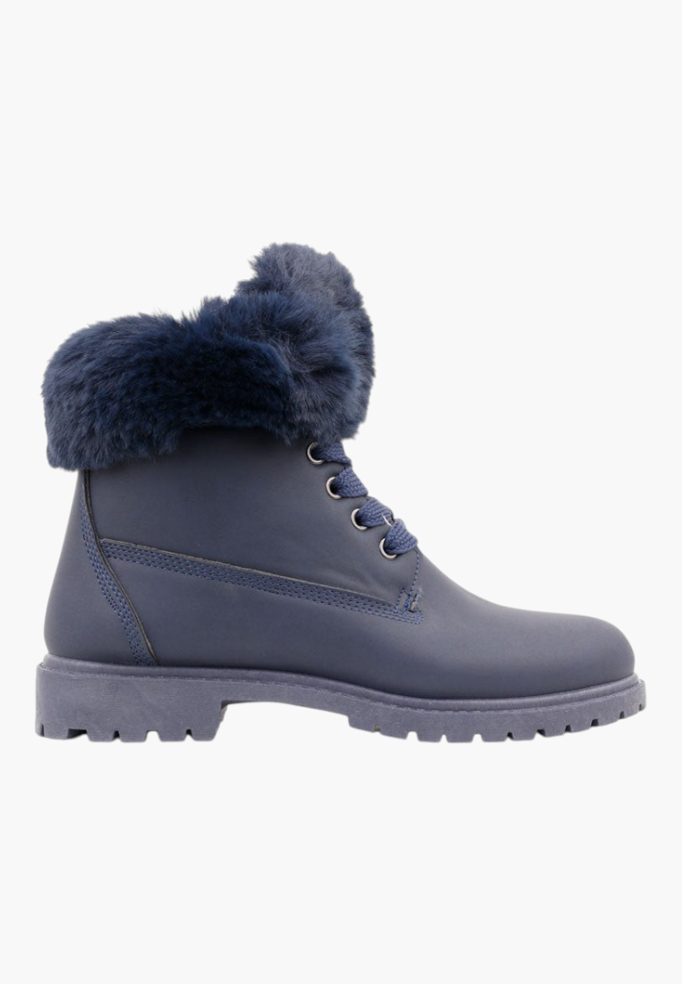 Falio navy blue synthetic nubuck lace-up ankle boots with faux fur trim and flat lug sole