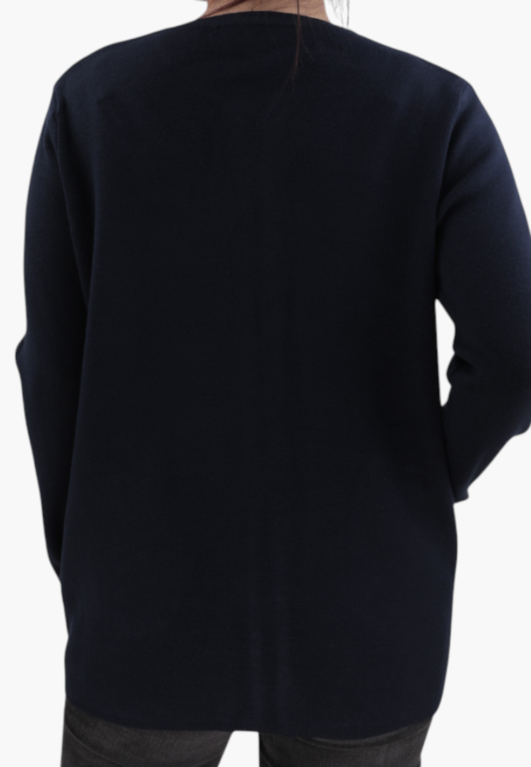 Falio plus size navy blue viscose blend sweater with long sleeves and pockets, back view on a model