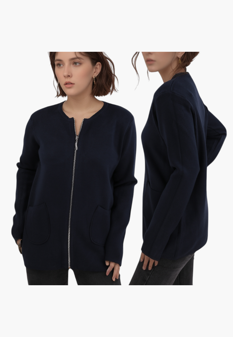 Falio plus size navy blue viscose blend zip-up cardigan with round neck and two front pockets on a model