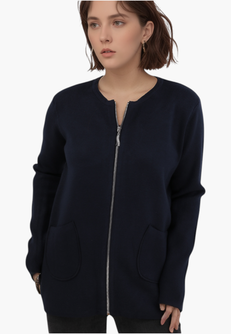 Falio plus size navy blue viscose blend zip-up sweater with round neckline and two front pockets on a model