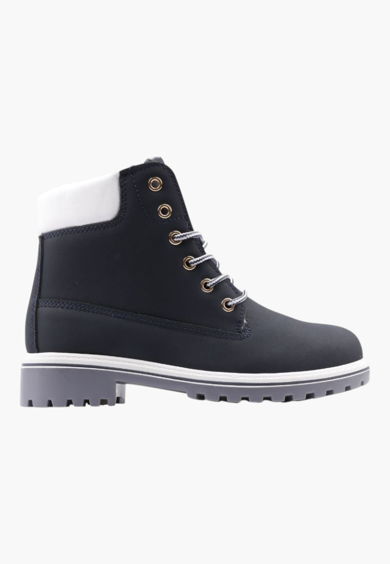 Falio women's navy blue synthetic nubuck winter boots with white collar, lace-up front, and thick lug sole.