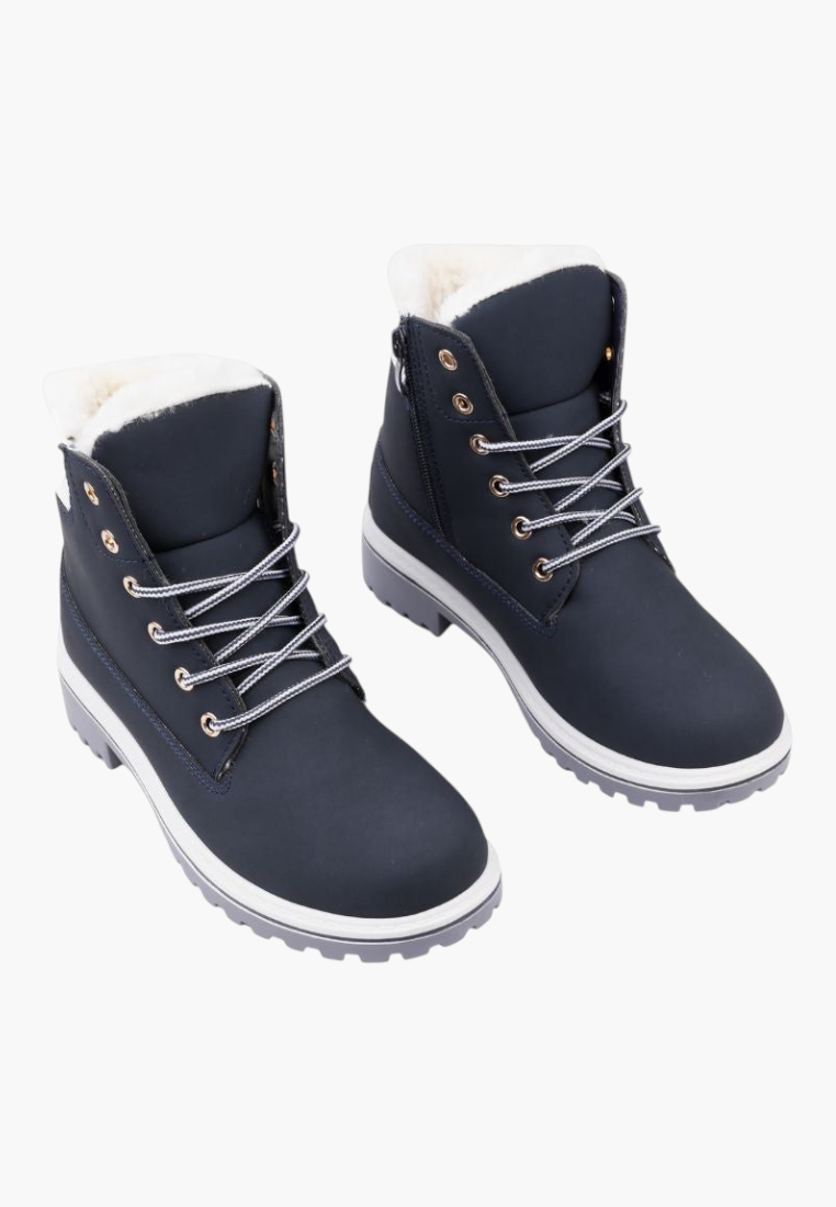 Falio women's navy blue synthetic nubuck winter boots with faux fur lining, lace-up closure, and thick tread sole.