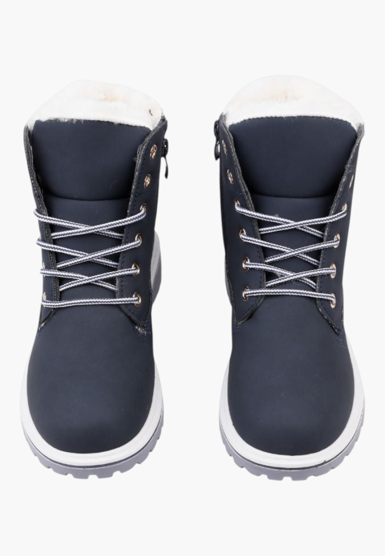 Falio women's navy blue synthetic nubuck winter boots with faux fur lining, lace-up front, and thick tread sole.