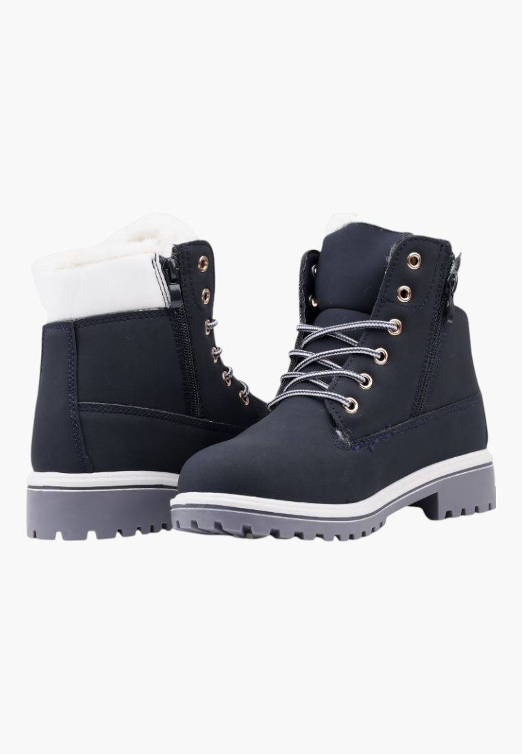 Falio women's navy blue synthetic nubuck winter boots with faux fur lining, lace-up front, and thick lug sole.