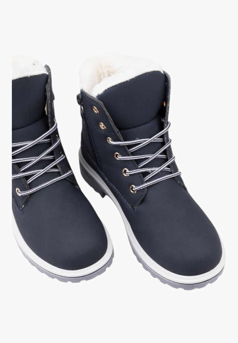 Falio women's navy blue synthetic nubuck winter snow boots with faux fur lining, lace-up front, and side zipper.