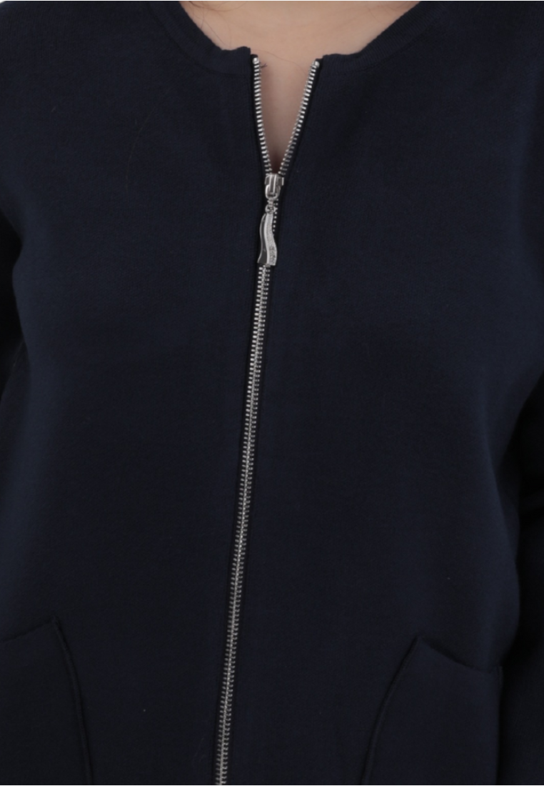 Falio plus size navy blue viscose blend zip-up sweater with round neckline and front pockets