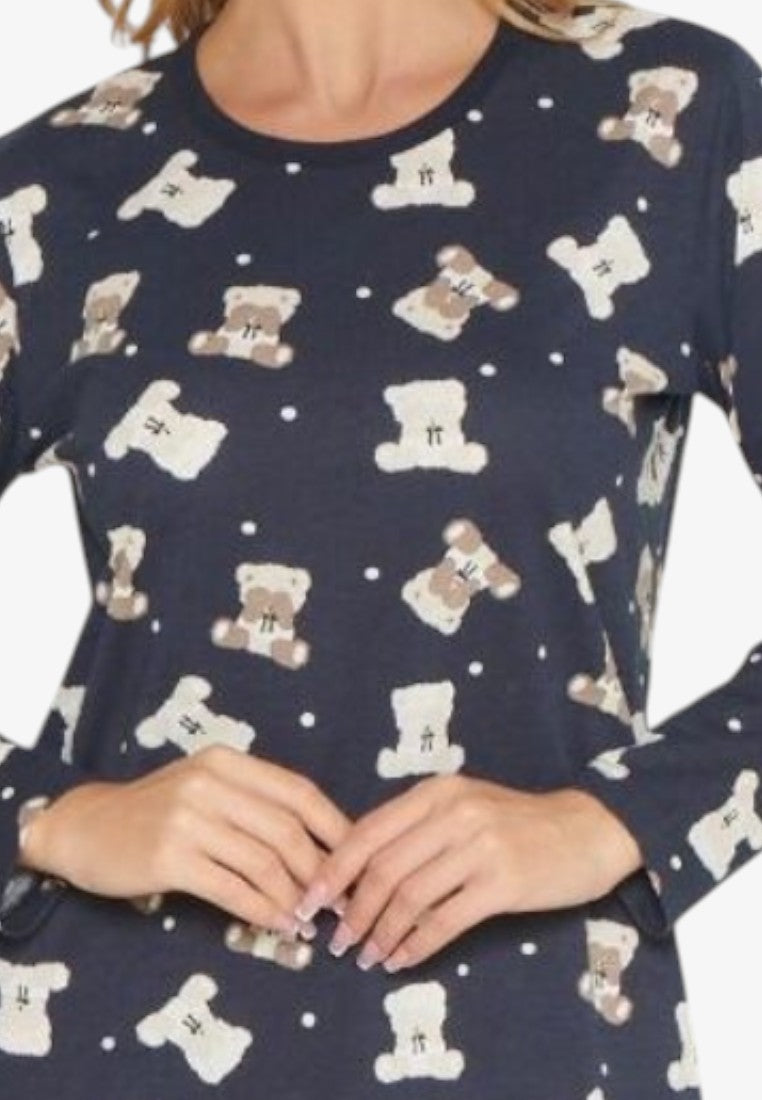 Falio navy blue cotton nightgown with long sleeves and a round neck, featuring a playful all-over teddy bear print.