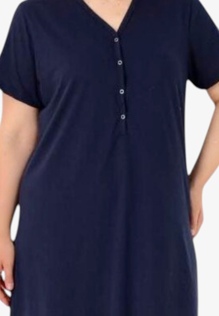 Falio navy blue 100% cotton plus size short sleeve nightgown with V-neck and button placket, knee-length