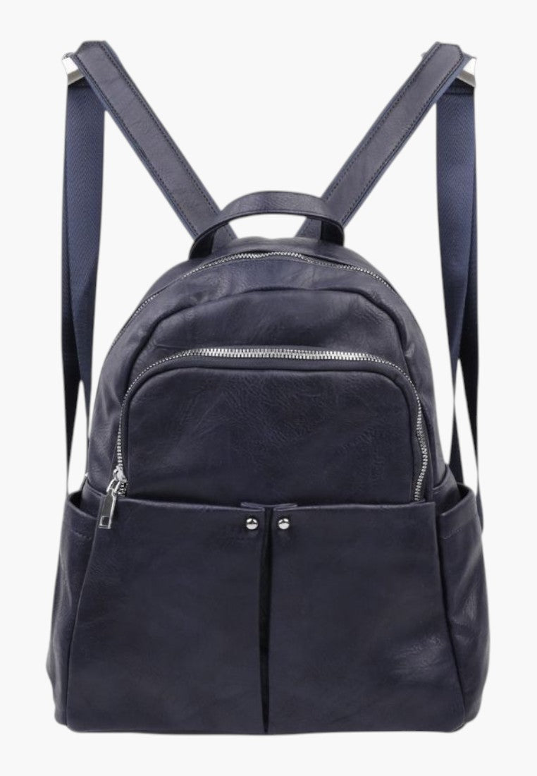 Falio navy blue faux leather backpack with silver zippers and adjustable straps for daily urban use
