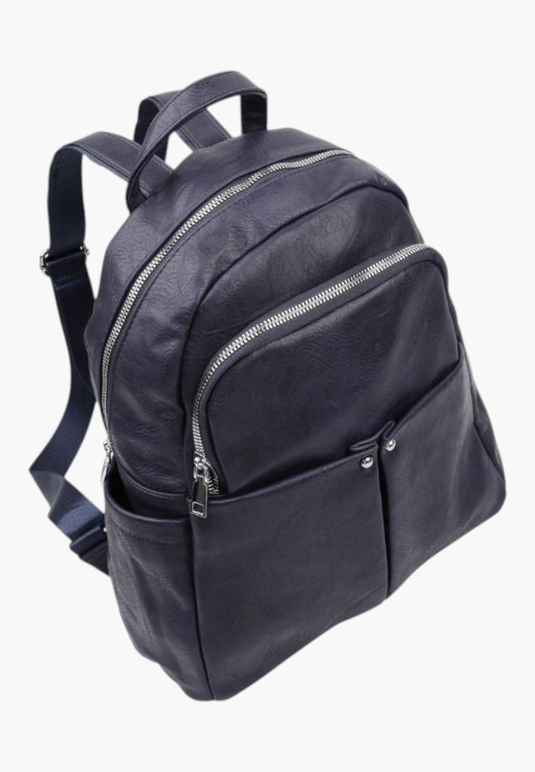 Falio navy blue faux leather backpack with silver zippers and multiple pockets for daily urban use