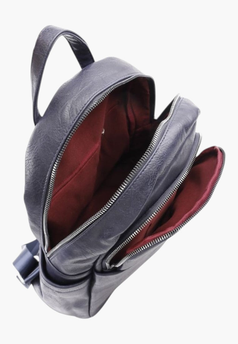 Falio navy blue faux leather backpack with multiple zippered compartments and a red interior lining