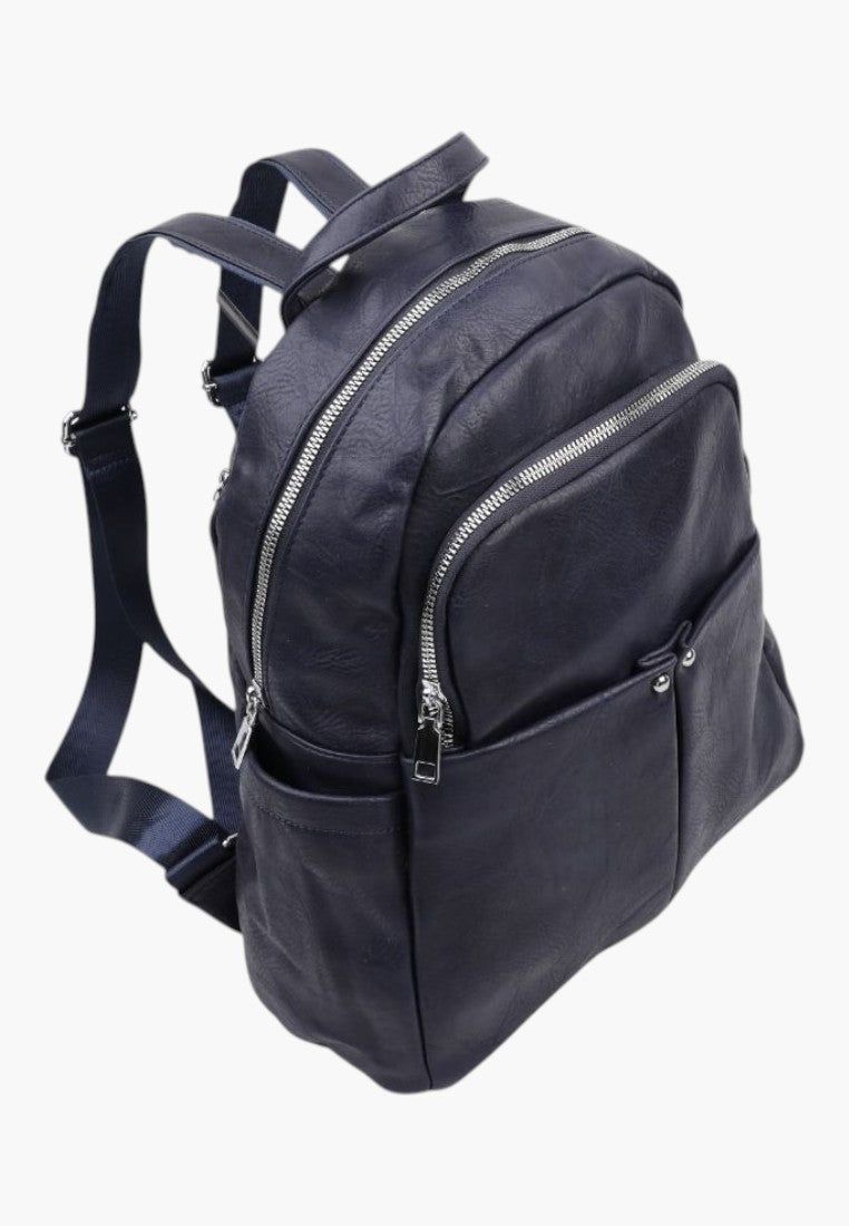 Falio navy blue faux leather backpack with silver zippers and spacious 13L capacity for A4 documents.