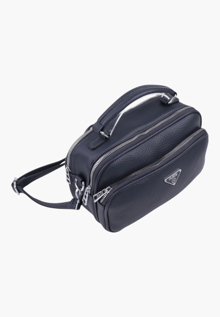 Falio navy blue faux leather crossbody bag with multiple zippered compartments and a top handle