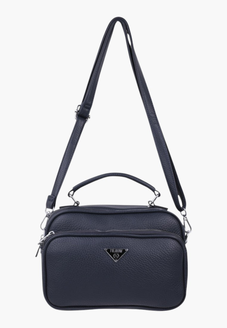 Falio navy blue faux leather crossbody bag with top handle, multiple zippered compartments, and silver hardware.
