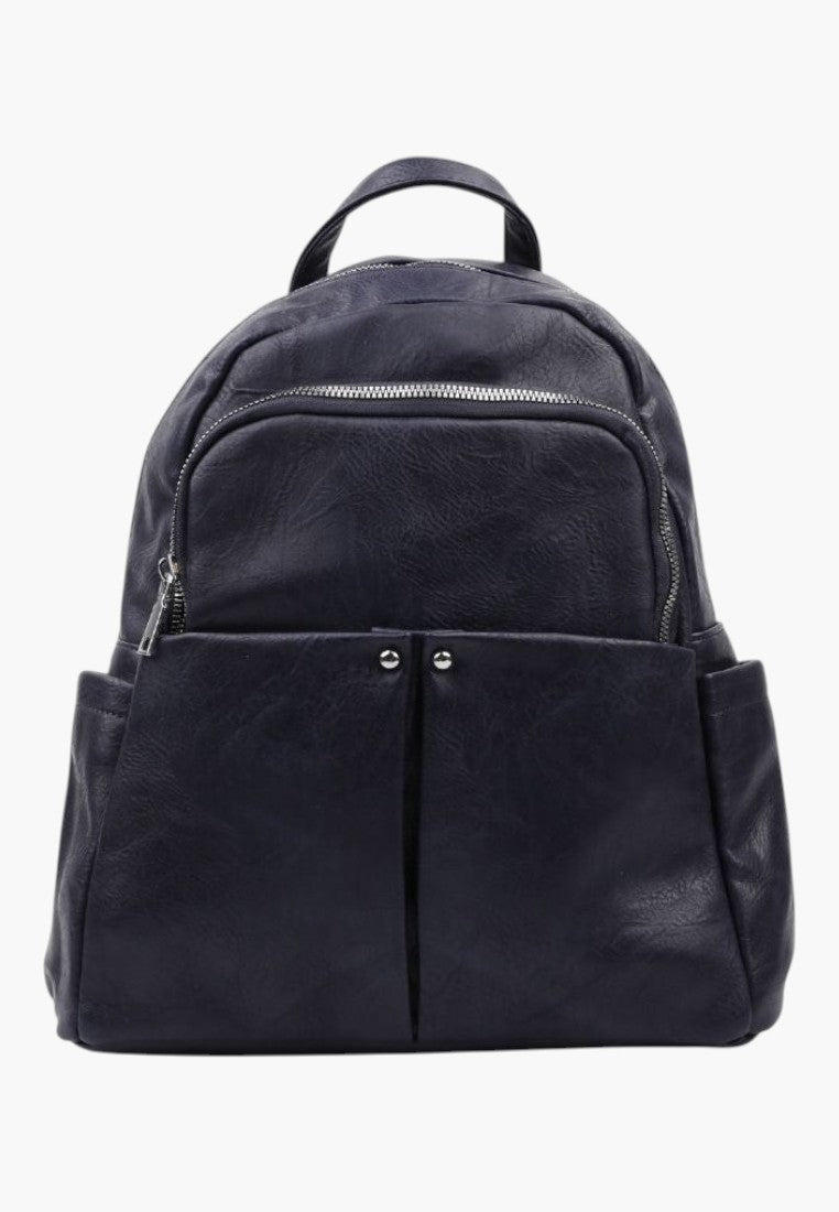 Falio navy blue faux leather urban backpack with a spacious 13L capacity, zipper closure, and front pocket detail.