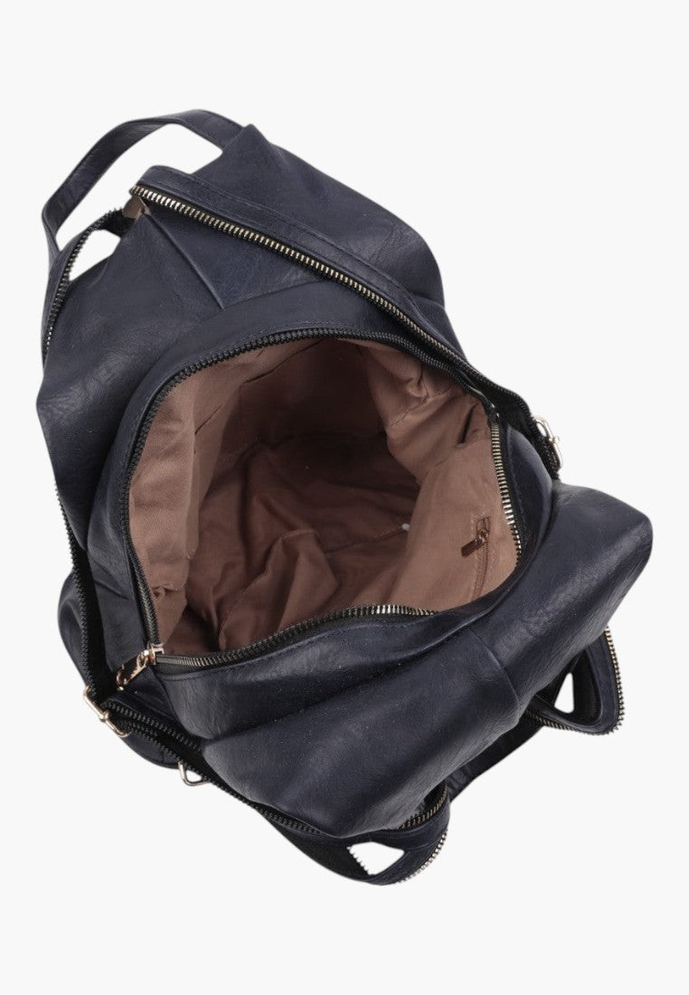 Falio urban women's backpack in dark navy faux leather with multiple zippered compartments and a spacious interior