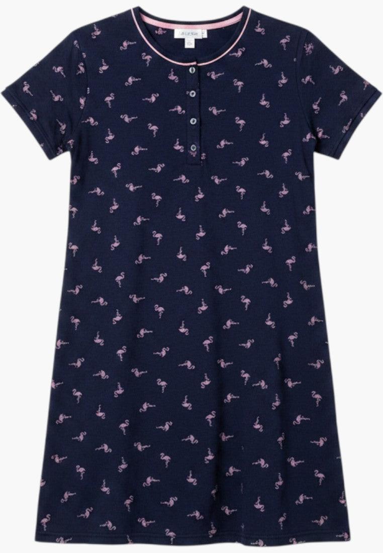 Falio navy blue 100% cotton short sleeve nightgown with a pink flamingo print and round neckline.