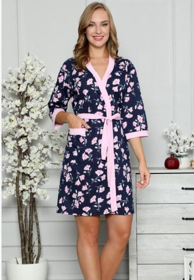 Falio women's navy cotton robe with pink floral print, short sleeves, tie waist, and pockets.