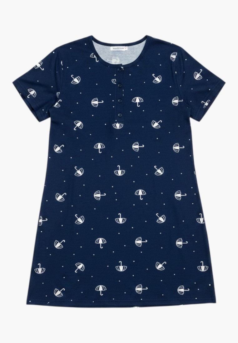 Falio navy blue 100% cotton short sleeve nightgown with all-over white umbrella print and round neckline.