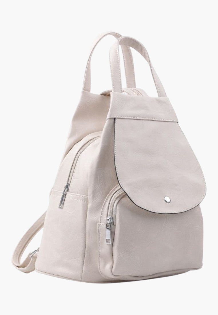 Falio multi-pocket A4 urban backpack in off-white faux leather with a zip closure and flap design