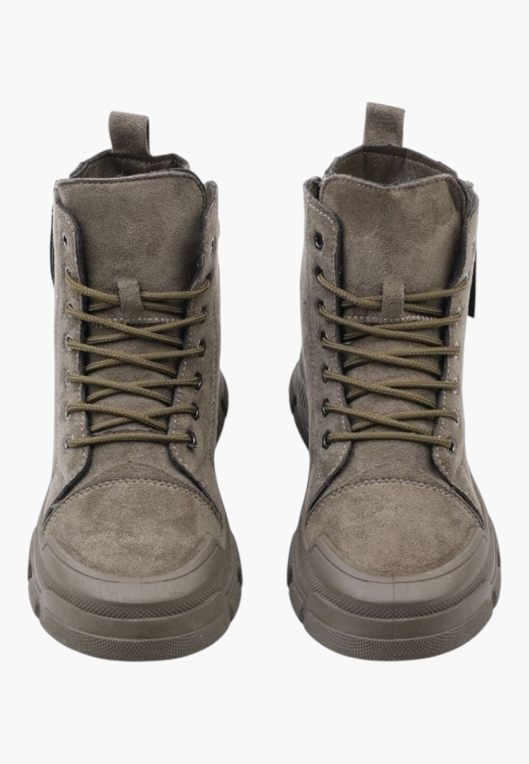 Falio women's olive green faux suede lace-up ankle boots with thick flat tread soles and side zipper closure