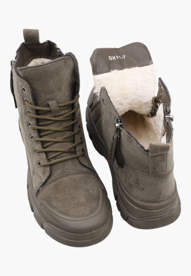 Falio olive green faux suede lace-up ankle boots with thick lug soles and warm faux fur lining