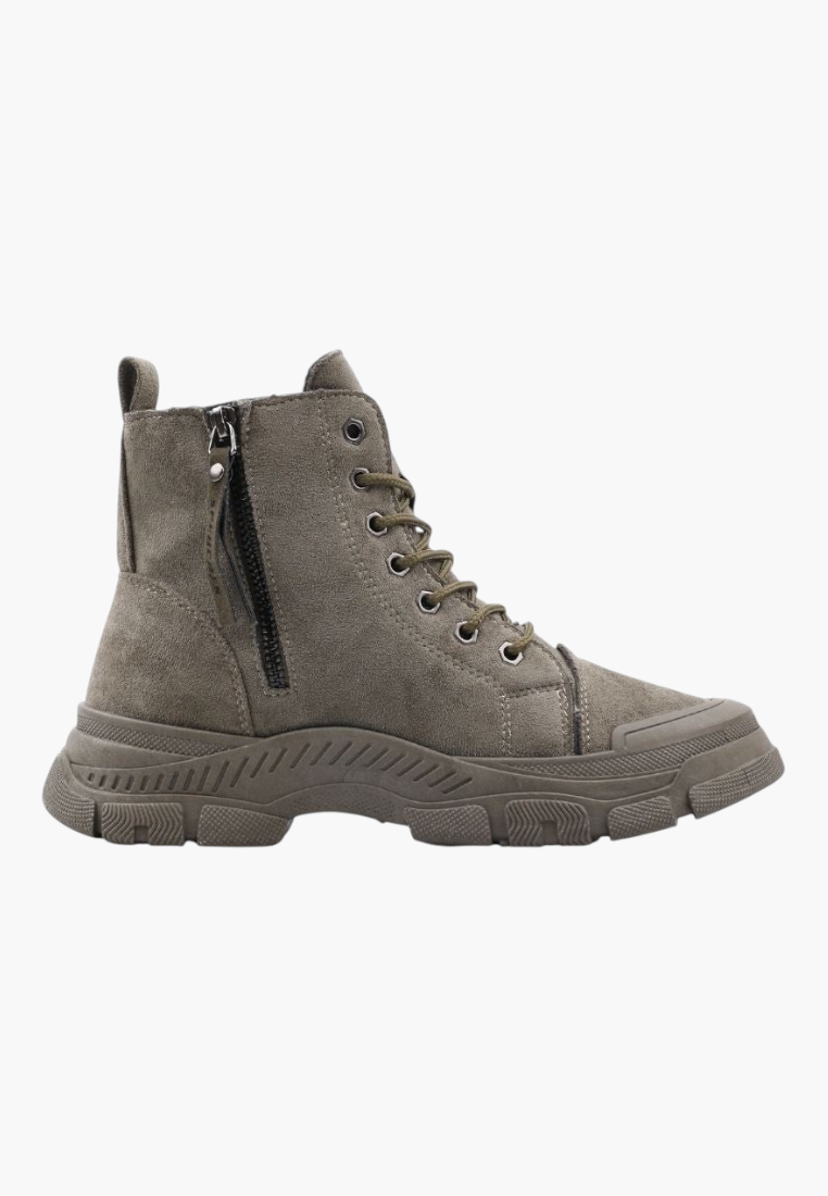 Falio olive green faux suede lace-up ankle boots with a thick lug sole and side zipper closure.