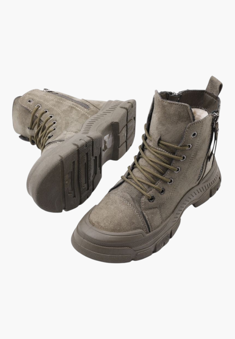 Falio olive green faux suede lace-up ankle boots with a thick lug sole and side zipper closure