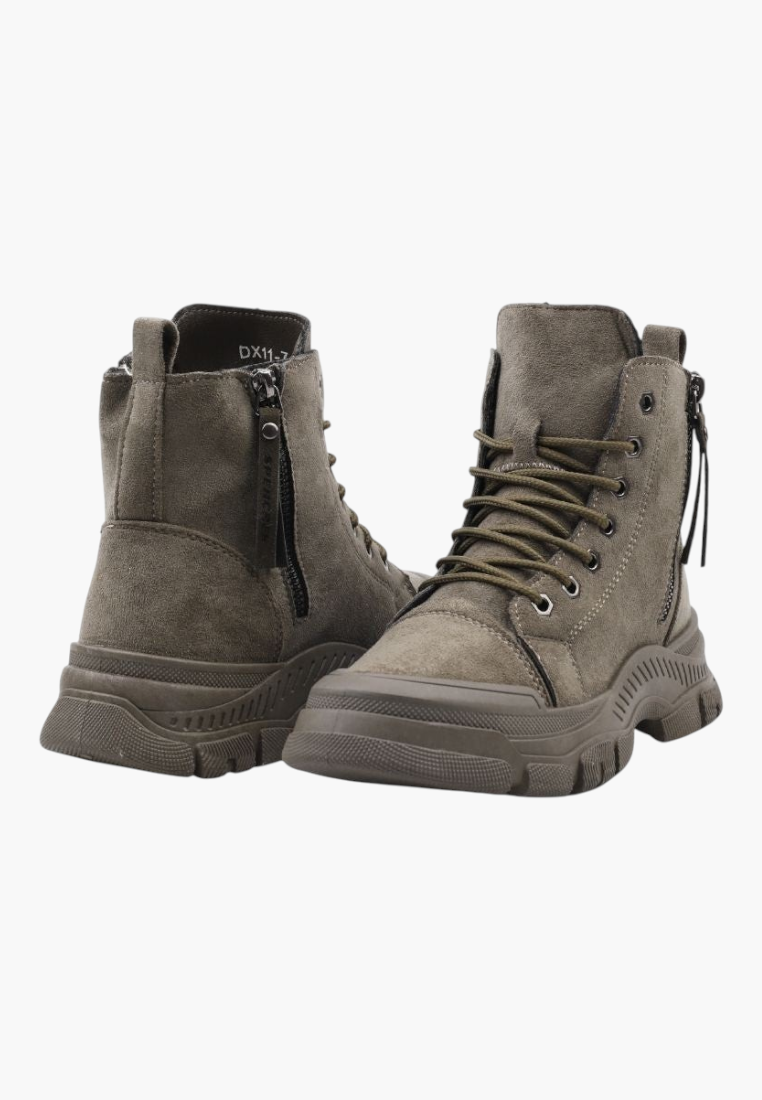 Falio women's olive green faux suede lace-up ankle boots with thick platform lug soles and side zipper closure