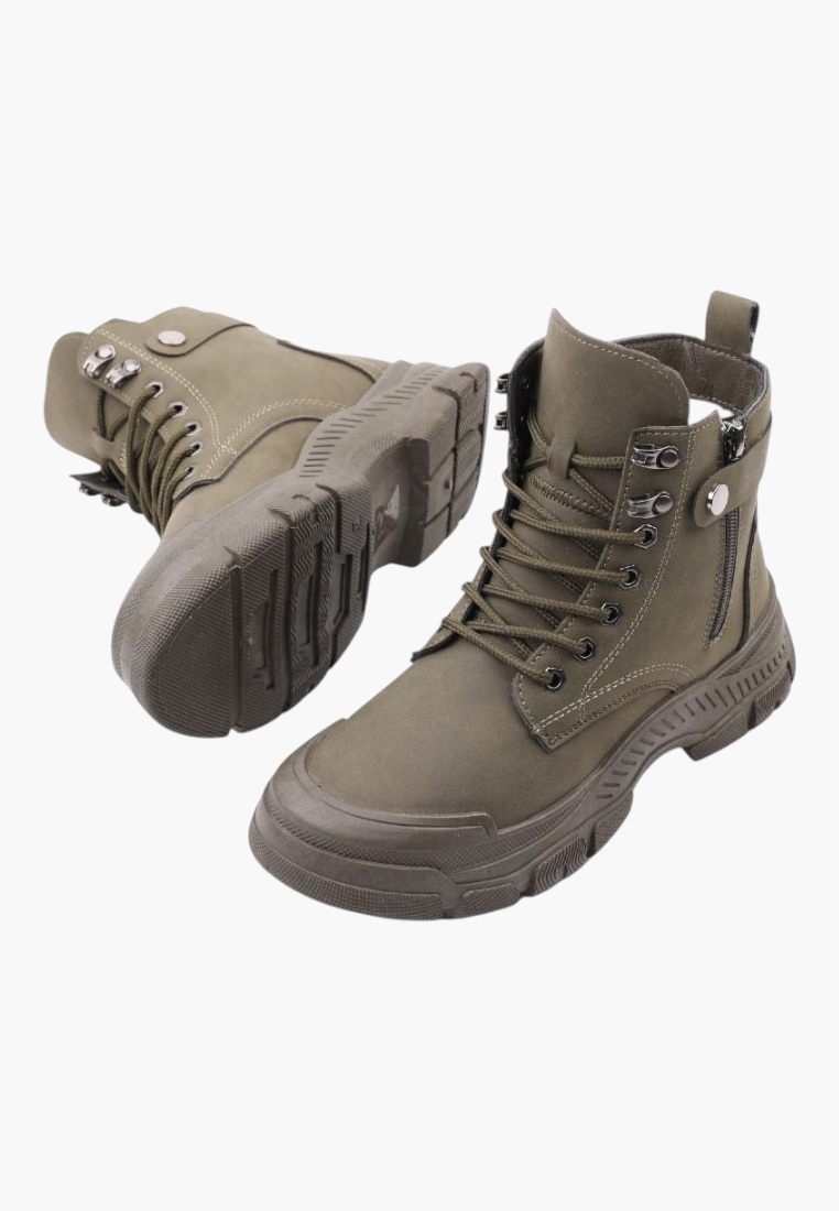 Falio olive green synthetic nubuck lace-up ankle boots with a chunky lug sole and side zipper closure.