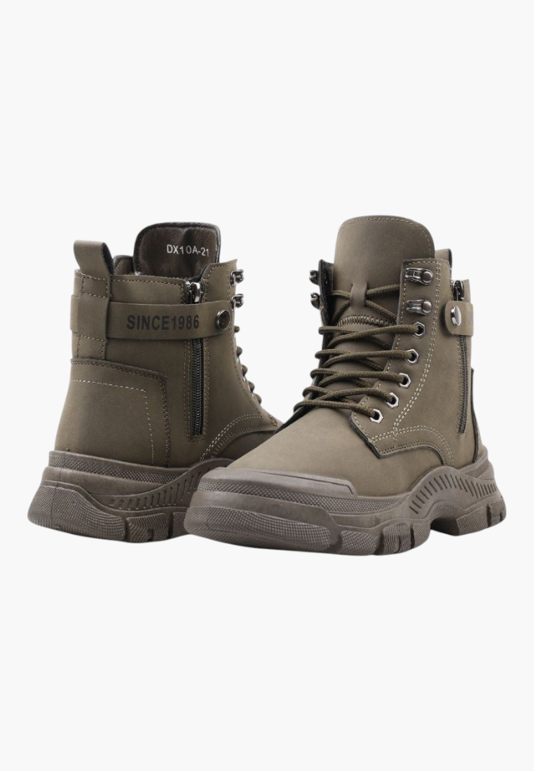 Falio olive green synthetic nubuck lace-up ankle boots with a thick lug sole and side zipper detail.