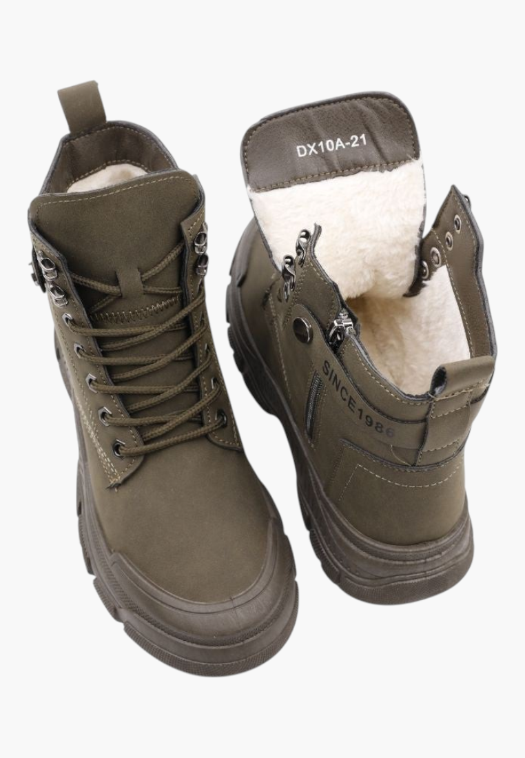 Falio olive green synthetic nubuck lace-up ankle boots with thick lug soles and warm faux fur lining