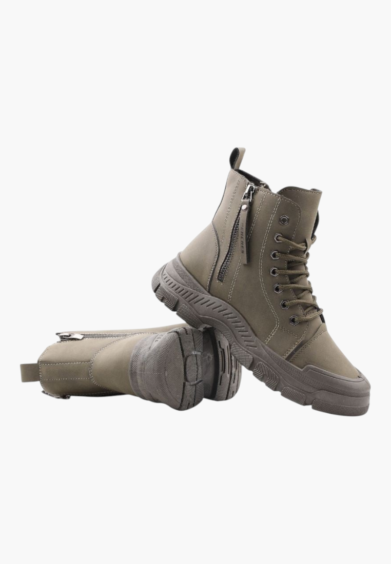 Falio olive green synthetic nubuck lace-up ankle boots with a chunky lug sole and side zipper detail.