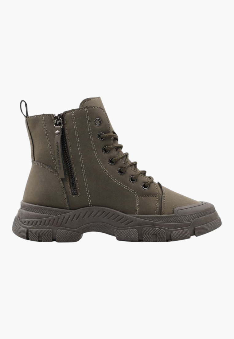 Falio olive green synthetic nubuck lace-up ankle boots with a chunky lug sole and side zipper detail.
