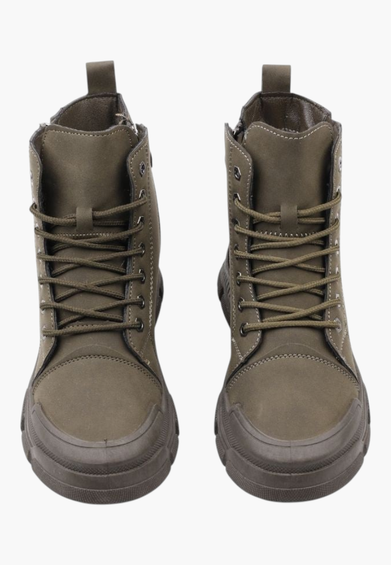 Falio olive green synthetic nubuck lace-up ankle boots with a chunky lug sole and round toe