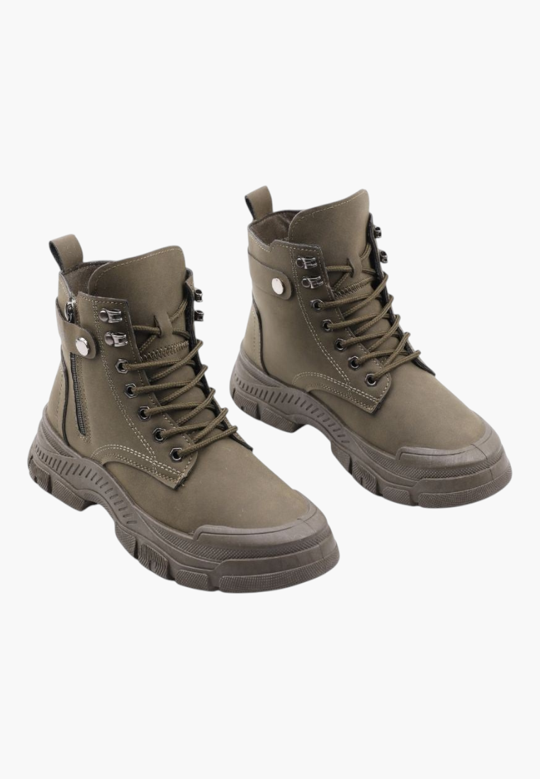 Falio olive green synthetic nubuck lace-up ankle boots with thick lug soles and side zipper detail